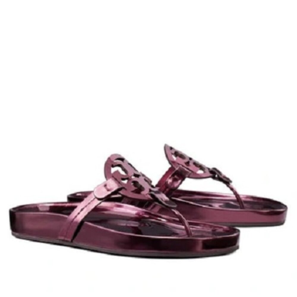 NIB Tory Burch Miller Cloud Mirrored Metallic Sandals Merlot US 6.5 AUTHENTIC